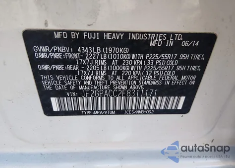 2014 Subaru Xv Crosstrek 2.0I Premium z USA, uszkodzony, nr VIN JF2GPACC2E8311171